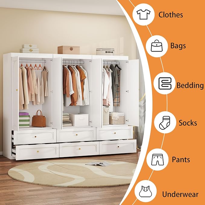 Wooden Wardrobe Closet with Doors: 75" Tall White Armoire Wardrobe Closet with 6 Drawers and 6 Doors, Modern Clothes Cabinets for Bedroom Armoires with Hanging Rod (6-Drawers, 94.5")