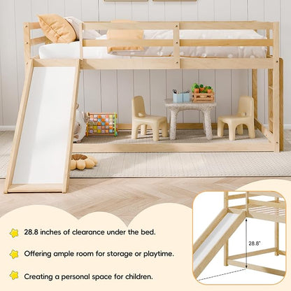 Bunk Bed with Slide, Wooden Bed Frame for Kids, Low Loft Bunk Bed Twin Over Twin with Ladders, Safety Guardrails for Kids, Toddlers, Boys, Girls, Teens, Bedroom (Natural)