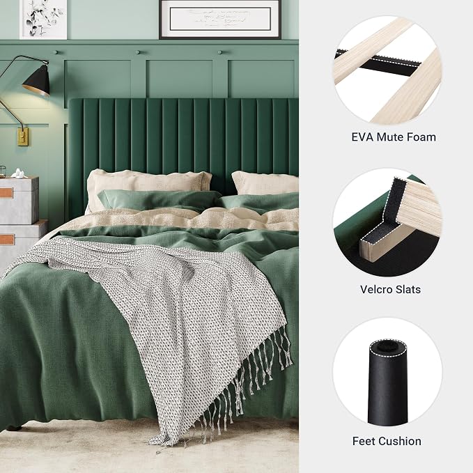 Allewie Full Bed Frame, Velvet Upholstered Platform Bed with Adjustable Vertical Channel Tufted Headboard, Mattress Foundation with Strong Wooden Slats, Box Spring Optional, Easy Assembly, Green