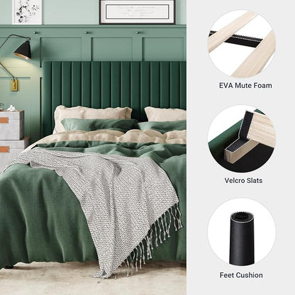 Allewie Queen Bed Frame, Velvet Upholstered Platform Bed with Adjustable Vertical Channel Tufted Headboard, Mattress Foundation with Strong Wooden Slats, Box Spring Optional, Easy Assembly, Green