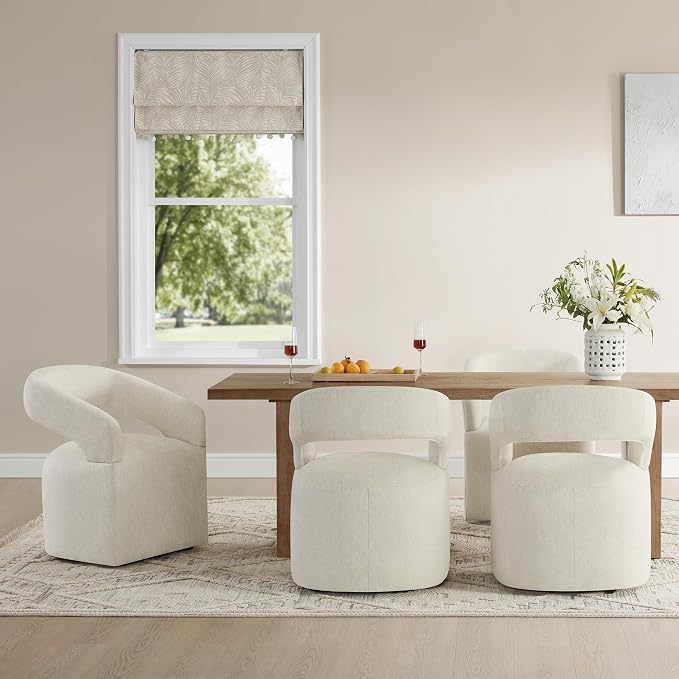 KISLOT Upholstered Dining Chairs Set of 1, Modern Rolling Dining Chairs with Hidden Casters, Arm Kitchen Chairs with Linen Look Fabric, Padded Barrel Chairs for Dining Room, Kitchen, Cream Beige