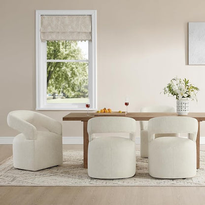 KISLOT Upholstered Dining Chairs Set of 1, Modern Rolling Dining Chairs with Hidden Casters, Arm Kitchen Chairs with Linen Look Fabric, Padded Barrel Chairs for Dining Room, Kitchen, Cream Beige