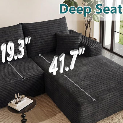 95" Modular Sectional Couch, Boneless L Shaped Cloud Sofa with Chaise Lounge, Corduroy Upholstered Couches Memory Foam Deep Seat, No Assembly Required, Ideal for Living Room(Black, Right Facing)