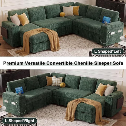 Vipbear Premium 111" Modular Sectional Sleeper Sofa, 7 Seat Sleeper Sofa with Pull Out Bed, L Shaped Couch with USB Ports|Storage Chaise|Cup Holders|Storage Armrests|Side Table, Green