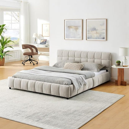 KEIKI Queen Thick Chenille Bed Frame with 4 Storage Drawer & Upholstered Tufted Headboard, Modern Solid Wood Floor Platform for Bedroom, No Box Spring Needed