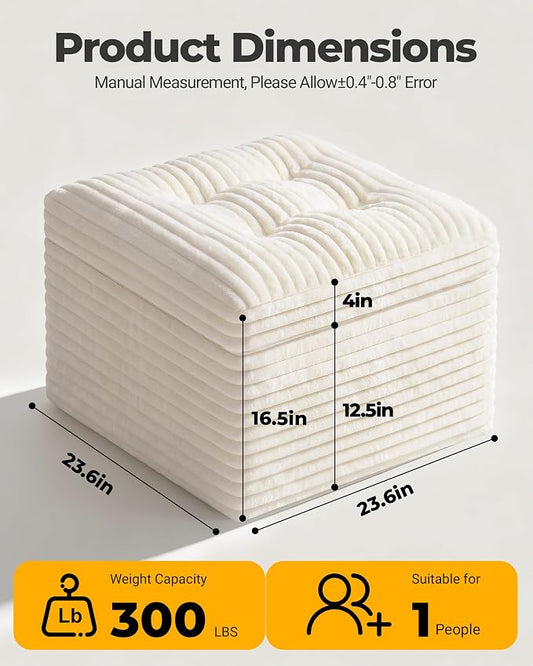 23.6in Pouf Ottoman, Corduroy Ottoman Foot Rest with Dual‑Layer Support, Large Poofy Pouf with Soft Chunk‑Foam Top & Firm Foam Base, Floor Foot Stool for Living Room, Beige