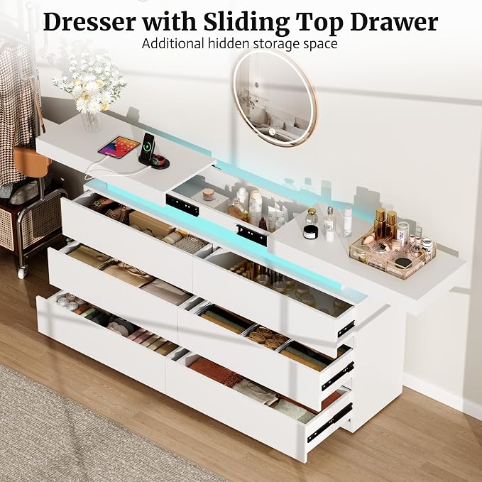 6 Drawer Dresser for Bedroom White Dresser with Hidden Sliding Desktop | Modern Double Wood Chest of Drawers for Closet w/ Charging Station LED RGB Lights Organizer Cabinet TV Stand for Living Room