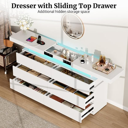 6 Drawer Dresser for Bedroom White Dresser with Hidden Sliding Desktop | Modern Double Wood Chest of Drawers for Closet w/ Charging Station LED RGB Lights Organizer Cabinet TV Stand for Living Room