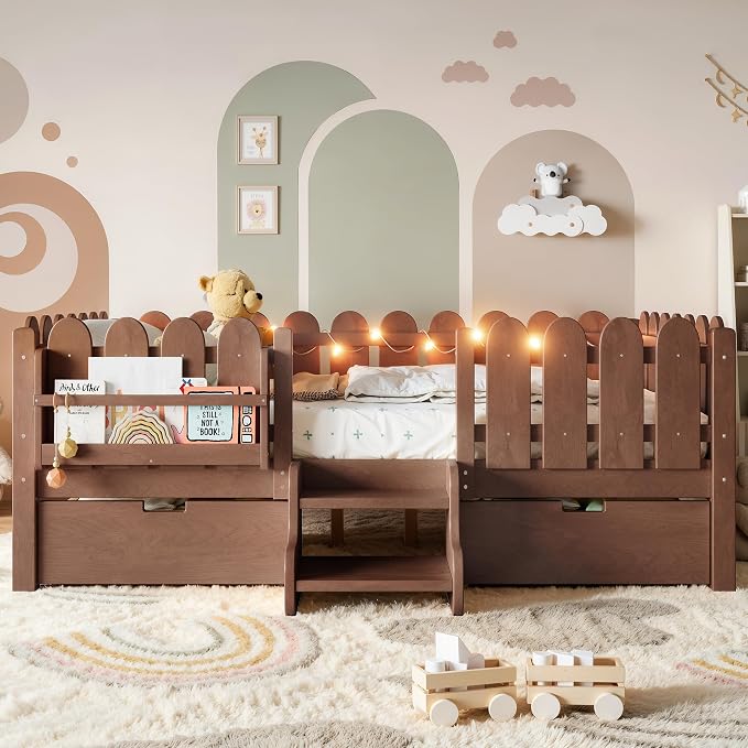 Bellemave Full Kids Montessori Bed with Stairs, Bookshelf and LED Lights, Solid Wood Kids Bed Frame with Storage Drawers for Boys Girls, Low Profile,Deep Natural