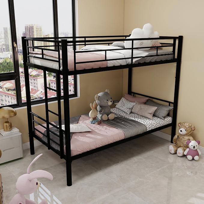 HRVEOCEI 2-Way Convertible Twin Over Twin Bunk Bed with Guardrail & Ladders, Metal Low Bunkbed for Kids Boys Girls, Heavy Duty, No Box Spring Needed, Space-Saving (Black, No Trundle)