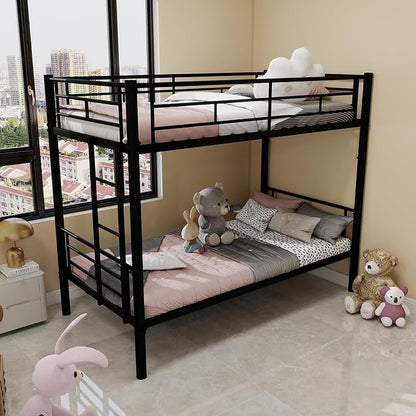 HRVEOCEI 2-Way Convertible Twin Over Twin Bunk Bed with Guardrail & Ladders, Metal Low Bunkbed for Kids Boys Girls, Heavy Duty, No Box Spring Needed, Space-Saving (Black, No Trundle)