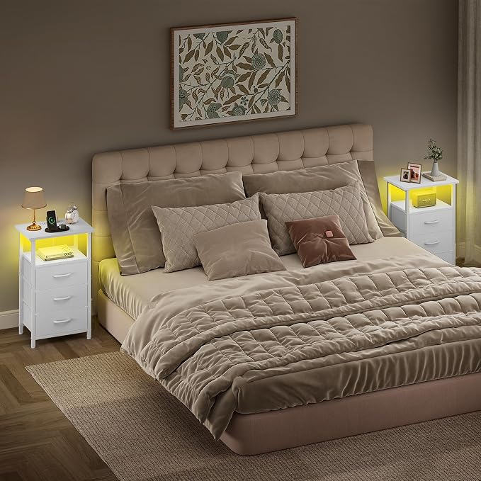 Vagusicc Night Stand with Charging Station, LED Nightstand for Bedroom, White Bedside Table with 3 Fabric Drawers, End Table Side Table with USB Ports and Outlets, Bed Side Table for Bedroom, White