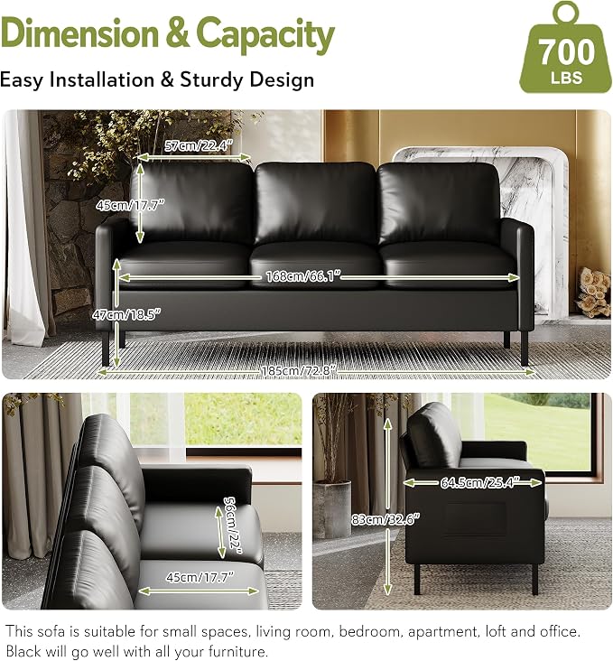 STHOUYN 72" W Faux Leather Black Sofa 3 Seat Couch, Modern Comfy Couch with 2 USB, Small Couches for Living Room Apartment Bedroom Small Spaces, Office(Black)
