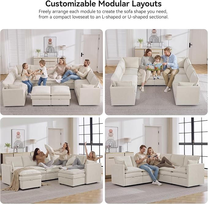 80" Beige Modular Storage Sofa, V Shaped Chenille Cloud Couch with Armrest | Oversized Convertible Sectional Sofa, 5-Seat Sectional Couch With Armrests, Large Cloud Couch For Living Room, Apartment.