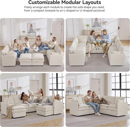 80" Beige Modular Storage Sofa, V Shaped Chenille Cloud Couch with Armrest | Oversized Convertible Sectional Sofa, 5-Seat Sectional Couch With Armrests, Large Cloud Couch For Living Room, Apartment.
