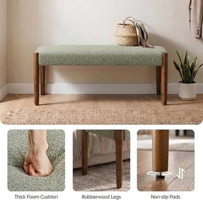 Usaint 42" End of Bed Bench, Modern Upholstered Bedroom Bench with Rubberwood Legs, Entryway Bench with Cushion, Dining Bench for Living Room, Bedroom, Green with Walnut Leg