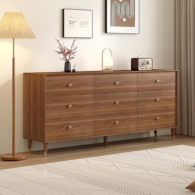 Messenya 9 Drawer Dresser for Bedroom, 63 Inch Walnut Dresser for Closet, Mid Century Wood Chest of Drawers with Natural Texture & Pre-Embedded Slots for TV Stand, Living Room, Hallway, Office