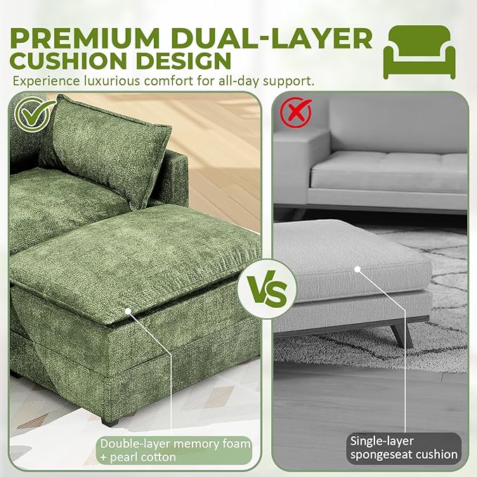 LEVELEVE 112.5" U-Shape Modular Sofa with 2 Ottomans, Deep Seat Cloud Convertible Sleeper, 2 Arm Pillows, Comfortable Upholstered Furniture for Living Room Apartment, Green