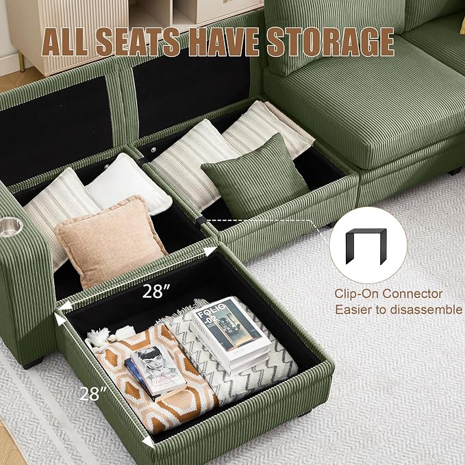 127" Modular Sectional Sofa with Storage, Corduroy 8-Seater V-Shaped Sofa with Ottoman Chaise, Convertible L-Shaped U-Shaped Cloud Sectional Couches for Living Room, Apartment
