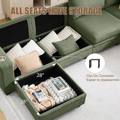 127" Modular Sectional Sofa with Storage, Corduroy 7-Seater V-Shaped Sofa with Ottoman Chaise, Convertible L-Shaped U-Shaped Cloud Sectional Couches for Living Room, Apartment