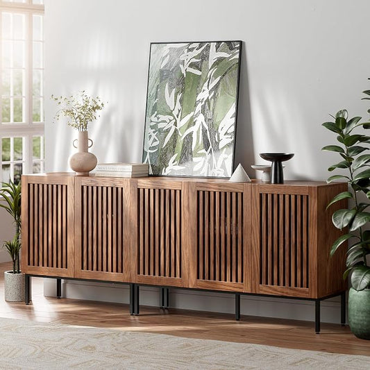 BVIUNTWO 79" Farmhouse Buffet Cabinet with Metal Base, Adjustable Shelves & 5 Doors, Brown Storage Sideboard for Kitchen, Living Room