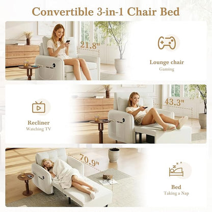 ERYE Modern Foldable Chair Sofa Convertible Pull Out Sleeper Sofabed,Single Seat Tufted Upholstered Sofa Convertible Chaise Lounge Bed with USB-Ports and Side Pockets