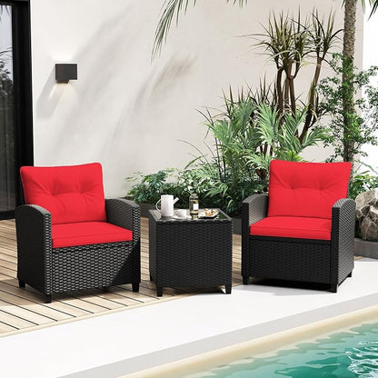 Tangkula 3 Pieces Patio Furniture Set, Rattan Conversation Set w/Soft Seat & Back Cushions, Tempered Glass Topped Coffee Table, Cushioned Wicker Seating for Backyard, Porch, Poolside (Red)