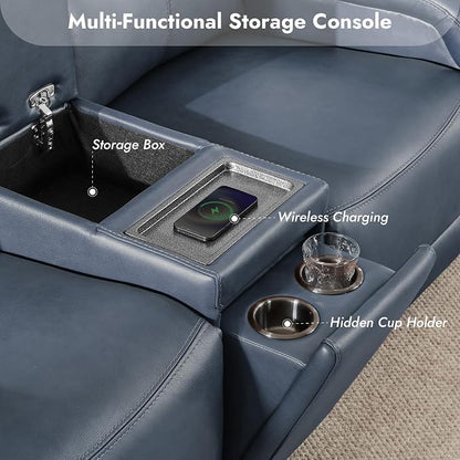 Watson & Whitely Power Reclining Sofa and Loveseat Sets, Genuine Leather Sofa Recliner Couch Set with Power Headrest, Storage Console, USB Ports, Cup Holders, Living Room Furniture Set, Navy Blue