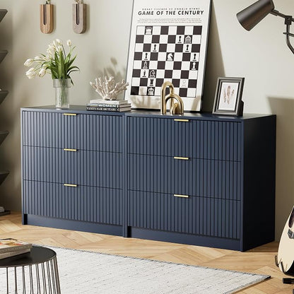 Furniway Navy Blue Dresser Bedroom Set 3 Pieces, Nightstands Sets of 2, 8 Drawer Dresser with Gold Handles for Bedroom