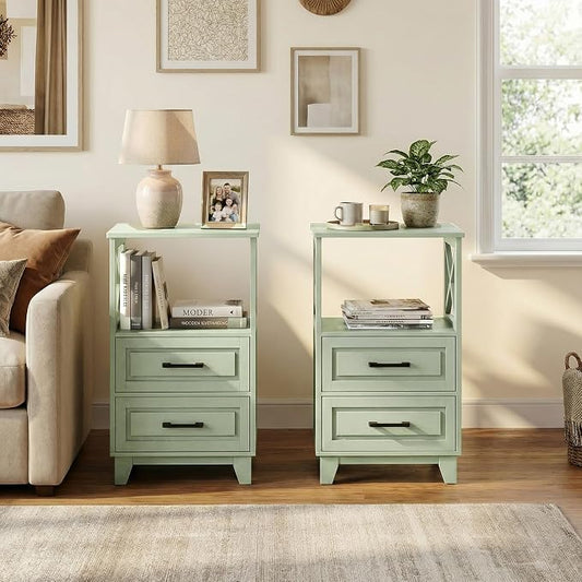 May in Color Nightstand Set of 2, 30" Tall Side Table with 2 Drawers and Open Shelf, Bedside Table with Solid Feet, Modern Night Stand End Table for Bedroom, Home Office, Green
