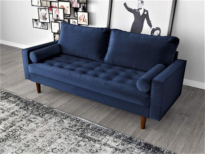 Container Furniture Direct Womble Mid Century Modern Velvet Upholstered Tufted Seat with Bolster Pillows, Sofa, Denim Blue