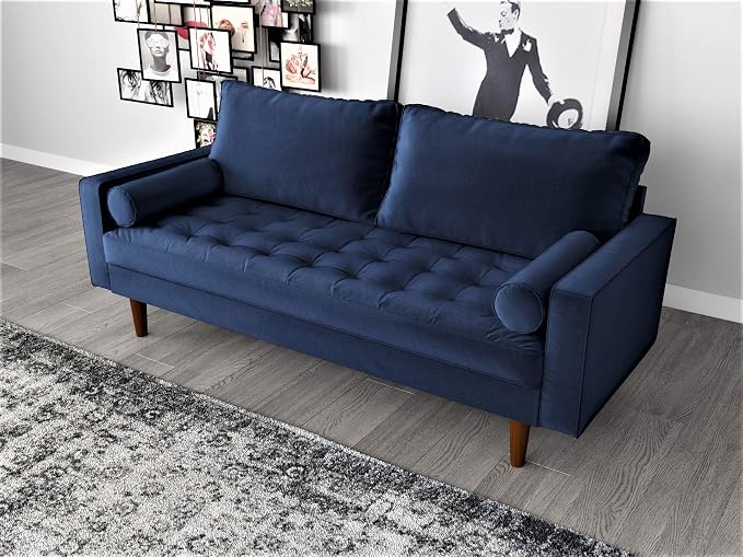 Container Furniture Direct Womble Mid Century Modern Soft Velvet Upholstered Tufted Seat with Bolster Pillows, Loveseat, Sofa, Misty Blue