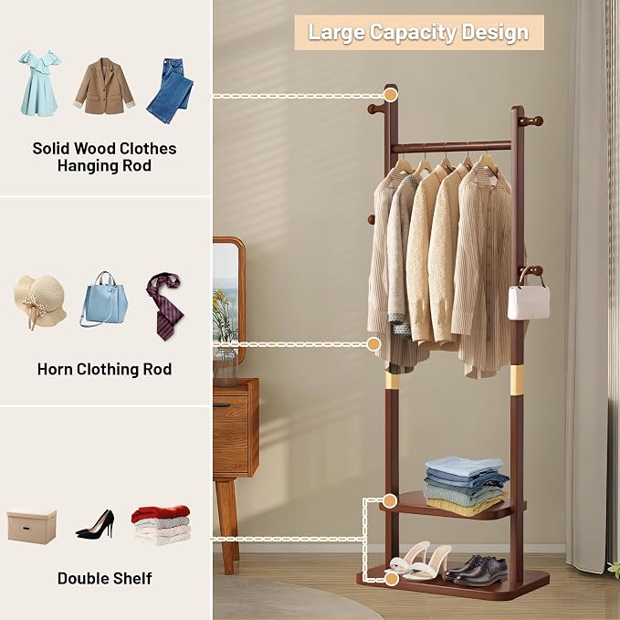 Wooden Coat Rack Freestanding, Hall Tree Hanger With Resin Hooks, Adjustable Heavy Duty Coat Rack for Hanging Clothes Bags Hats in Living Room Bedroom (coat rack, Walnut-23.6x11.4x62.6 in)
