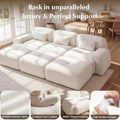 118'' Modular Sectional Cloud Couch Boneless Couches, Oversize Curved Sectional Couches for Living Room, Deep Seat Couch Lambswool Sofa with Ottoman & Throw Pillows, No Assembly, HR Foam