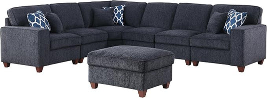Ball & Cast 116" L-Shaped Sectional Couch with Movable Ottoman & 6 Throw Pillow,7 Seat Chenille Upholstered Sectional Sofa W/Wide Armrest,DIY Combination,Comfy Sectionals Set for Living Room,Dark Gray