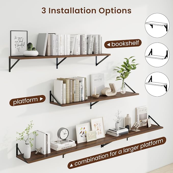 Axeman 48 Inch Floating Shelves | 10 Inch Deep Walnut Wall Shelves Set of 2 | 48" W x 10" D Walnut Floating Shelves for Living Room Bathroom Kitchen