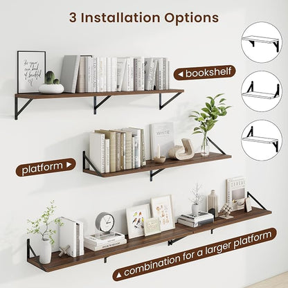 Axeman 48 Inch Floating Shelves | 10 Inch Deep Walnut Wall Shelves Set of 2 | 48" W x 10" D Walnut Floating Shelves for Living Room Bathroom Kitchen