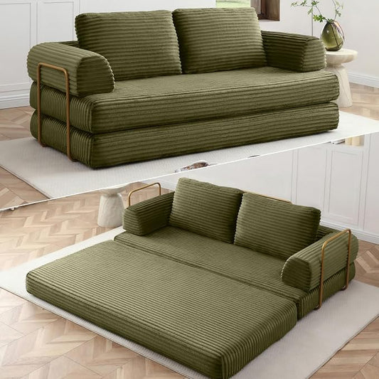 HANXIN 80 Inch Convertible Sleeper Sofa Bed, High Back Plush Corduroy Folding Floor Mattress Couch with Fixed-Shape Frame, Boneless Futon Loveseat with Pull Out Bed, No Assembly Required (Green)