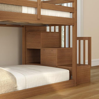 Grain & Grove Bear Twin Over Twin Bunk Bed with Slide and Staircase, Low Bunk Bed Frame for Kids, Bunk with Ladder, Guardrail, and Slats, No Box Spring Required, Oak Embossed Pecan
