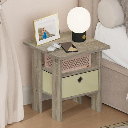 Furinno TIDUR 3-Tier Night Stand, Nightstand with Storage Bin, Sonoma Oak | Open Shelf Design, Bedside Table, End Table, Side Table for Bedroom, Living Room