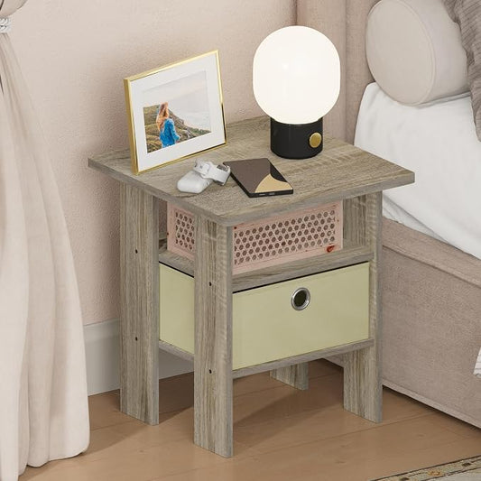 Furinno TIDUR 3-Tier Night Stand, Nightstand with Storage Bin, Sonoma Oak | Open Shelf Design, Bedside Table, End Table, Side Table for Bedroom, Living Room