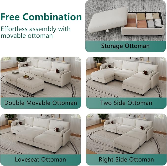 Modular Sectional Small U Shaped Sofa Couches for Living Room, Cloud Couch with Storage Ottoman, Comfy Chenille Sofa with Pillow, Beige