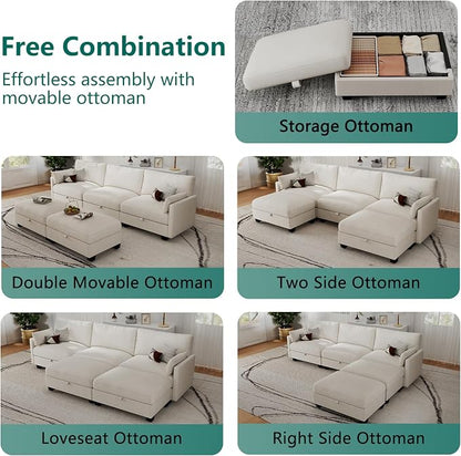Modular Sectional Small U Shaped Sofa Couches for Living Room, Cloud Couch with Storage Ottoman, Comfy Chenille Sofa with Pillow, Beige