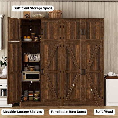 Unikito 71” Tall Storage Cabinet, Farmhouse Kitchen Pantry Cabinet with Adjustable Shelves and Barn Doors, Versatile Storage Cupboard for Dinning Room, Bathroom, Living Room, Weathered Brown, 2 Pack
