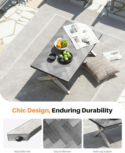 Aluminum Outdoor Coffee Table, Never Rusts Rectangle Patio Coffee Table with Resin Tabletop, Aluminum Outdoor Furniture Coffee Table for Patio, Poolside, Garden, Balcony, White Oak