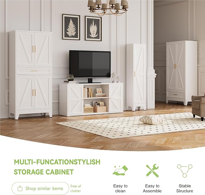 71"Tall Metal Storage Cabinet with Drawer and 4 Adjustable Shelves,Farmhouse Kitchen Pantry Storage Cabinet with Doors, Freestanding White Locker Cabinets for Office,Dining Room,Bathroom(White)