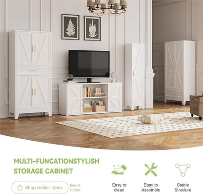 71"Tall Metal Storage Cabinet with Drawer and 4 Adjustable Shelves,Farmhouse Kitchen Pantry Storage Cabinet with Doors, Freestanding White Locker Cabinets for Office,Dining Room,Bathroom(White)