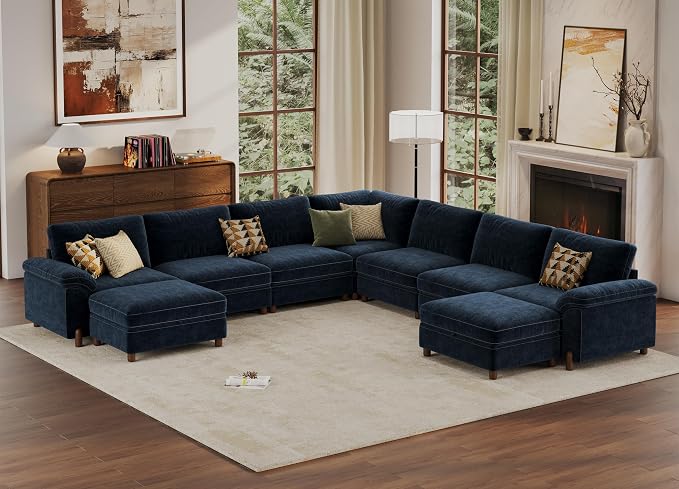SITJOY Large Cloud Couch, 138" Wide 7 Seater V Shape, Chenille in Navy Blue | Detachable and Washable Chenille Cover Sectional Sofas for Living Room, Deep Seat Wide Couch with Chaise, Storage Ottoman