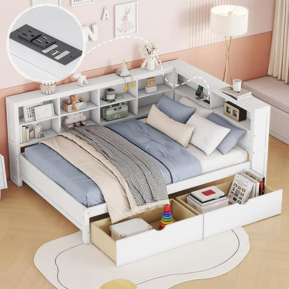 Bellemave Full Corner Bed Frame, Wood Full Size Daybed with L-Shaped Bookcase and 2 Drawers，Daybed with Storage Cabinets, White