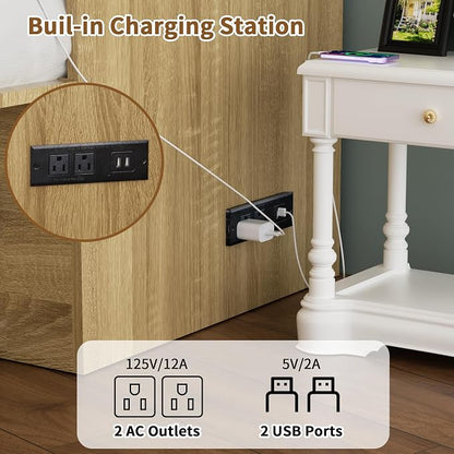 Murphy Bed Full Size with Storage and Charging Station, Farmhouse Wall Bed Cabinet Foldable Wooden Frame for Guest Room - Natural